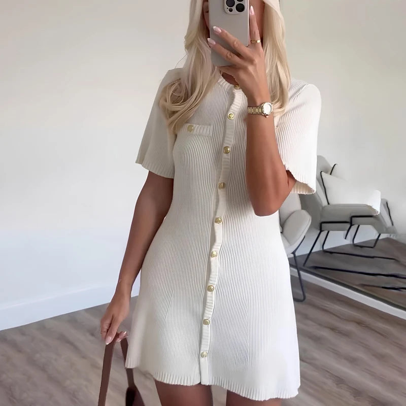 Nordspur | Ribbette Ribbed Knit Mini Dress With Metal Buttons