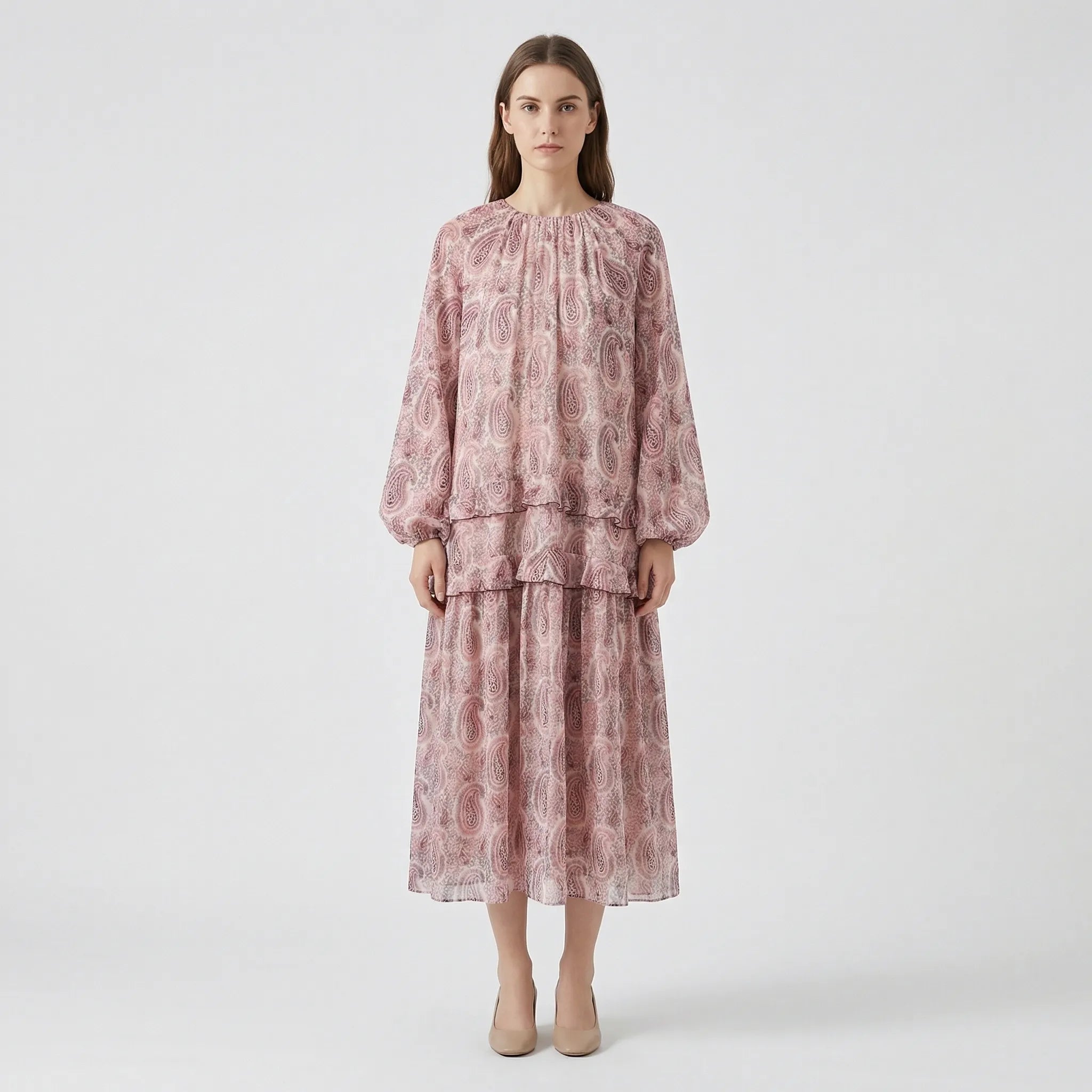 Nordspur | Ruffleyne Paisley Print Midi Dress With Cascading Ruffles