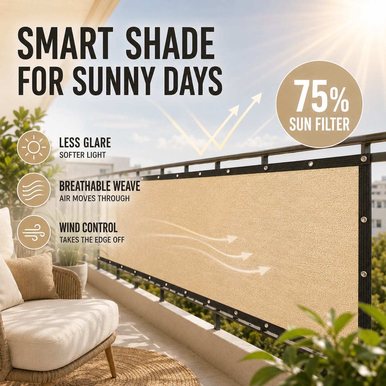 Nordspur | Shadeora Balcony Privacy Screen | Sun Shade & Wind Panel with Eyelets
