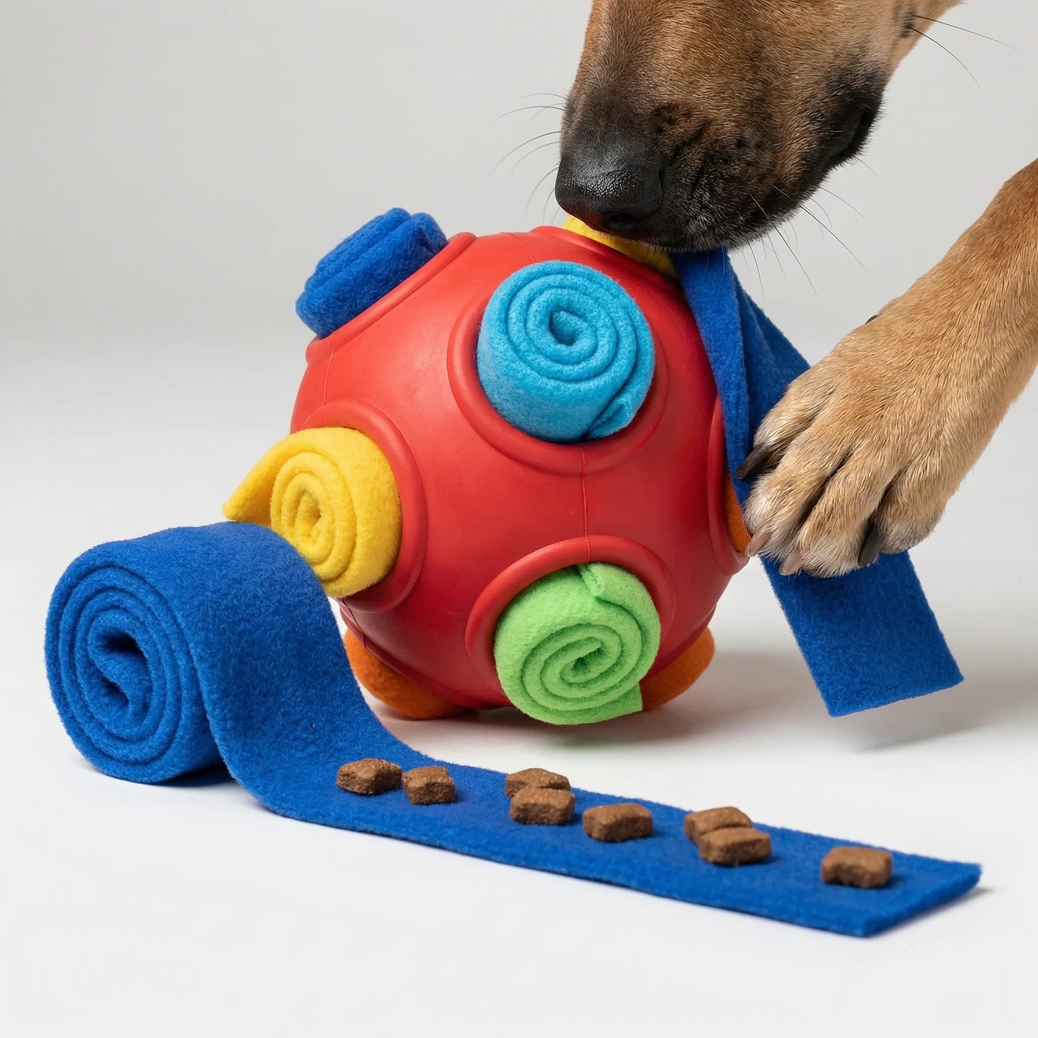 Interaktiver Schnüffelball für Hunde mit Leckerli-Taschen und Riemengriff