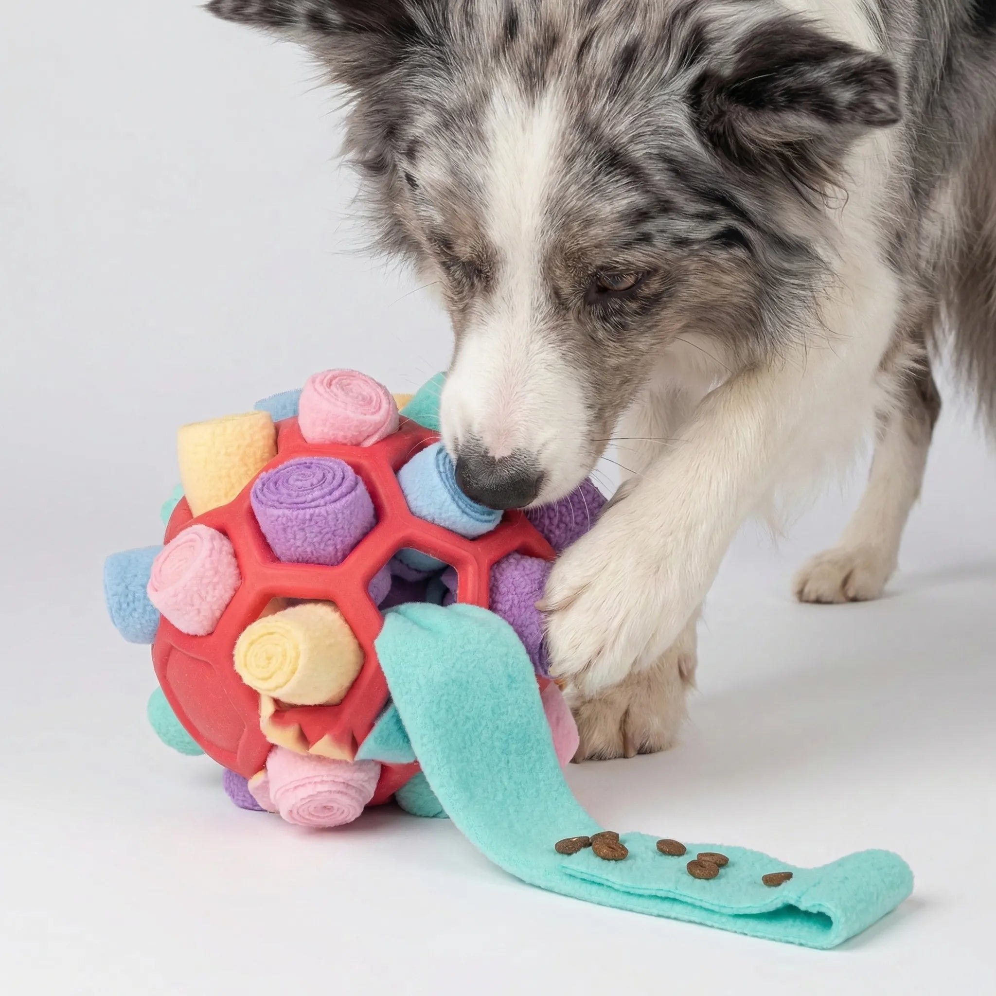 Interaktiver Schnüffelball für Hunde mit Leckerli-Taschen und Riemengriff