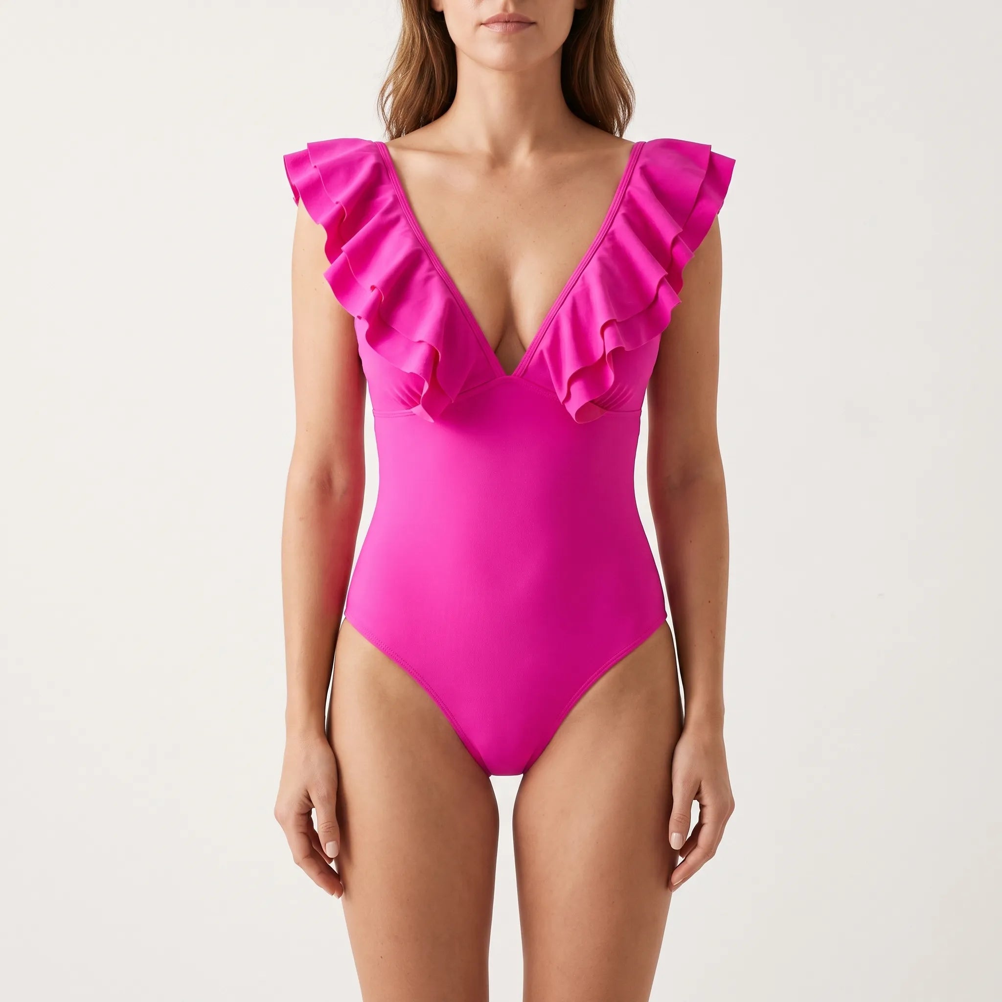Nordspur | Solvada Solid Hot Pink Ruffled One Piece Swimsuit