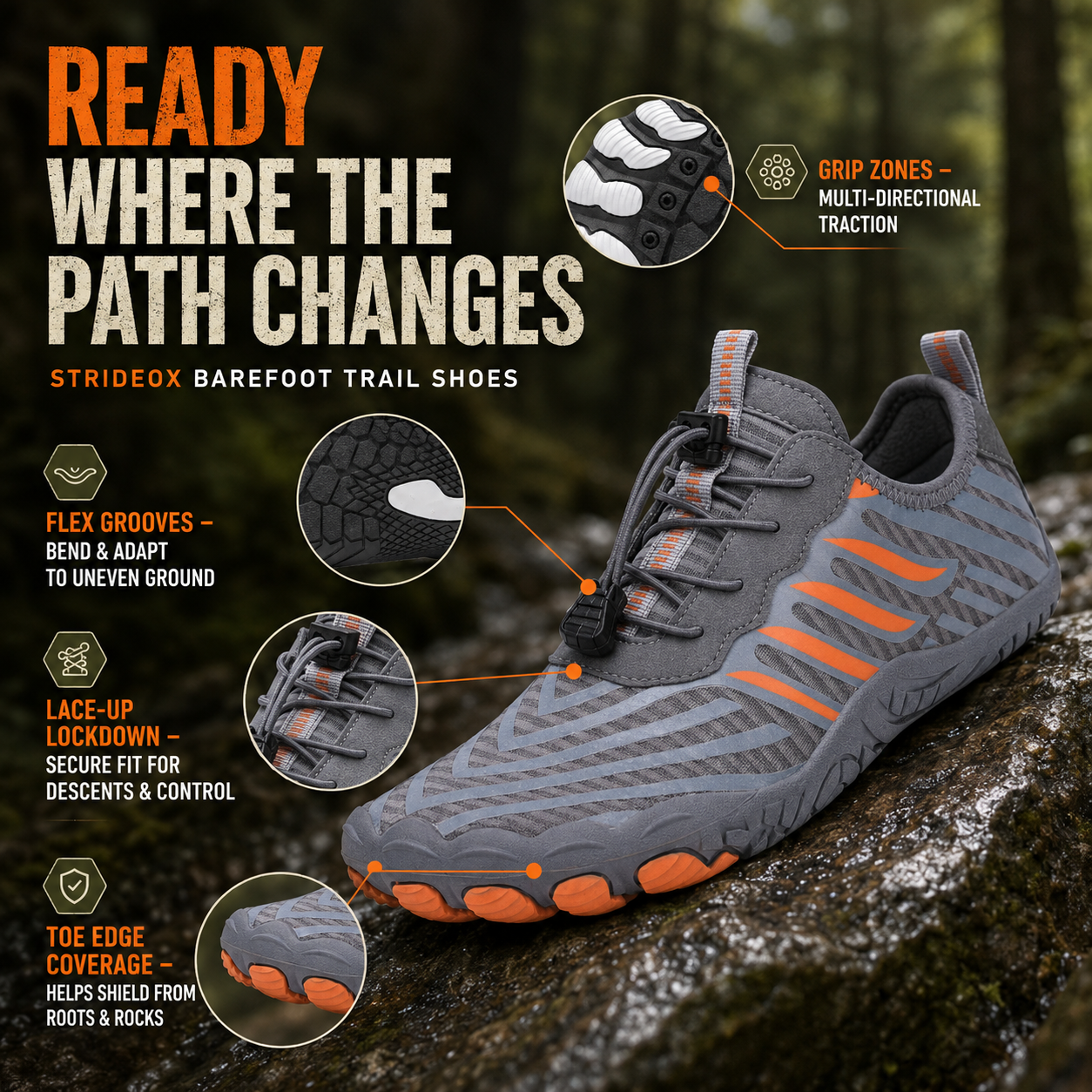 Nordspur | Strideox Barefoot Trail Shoes | Non-Slip Minimalist Hiking Shoes