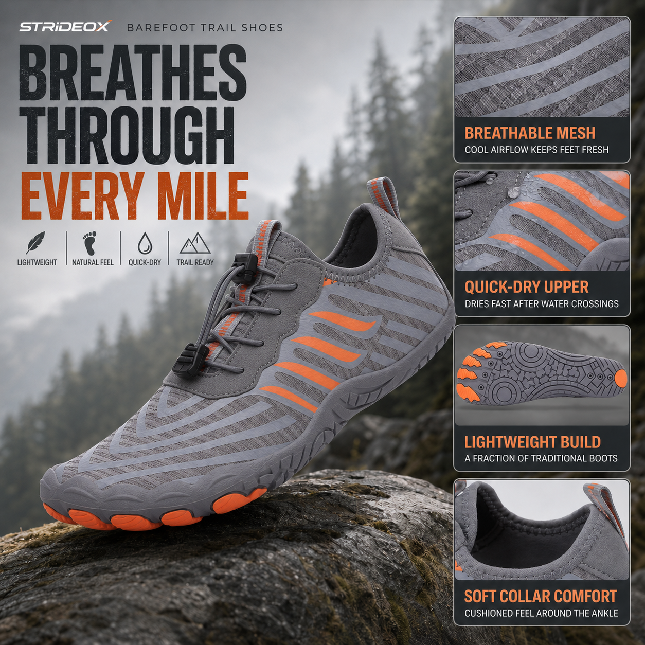 Nordspur | Strideox Barefoot Trail Shoes | Non-Slip Minimalist Hiking Shoes