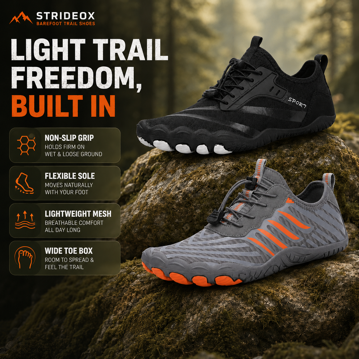 Nordspur | Strideox Barefoot Trail Shoes | Non-Slip Minimalist Hiking Shoes