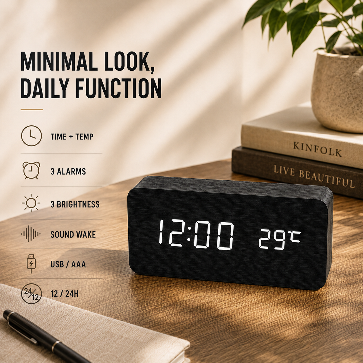Nordspur | Timberlyte Wood Finish Digital Alarm Clock