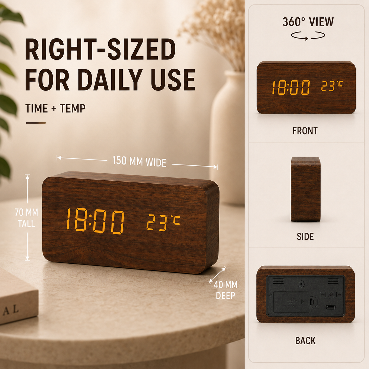 Nordspur | Timberlyte Wood Finish Digital Alarm Clock