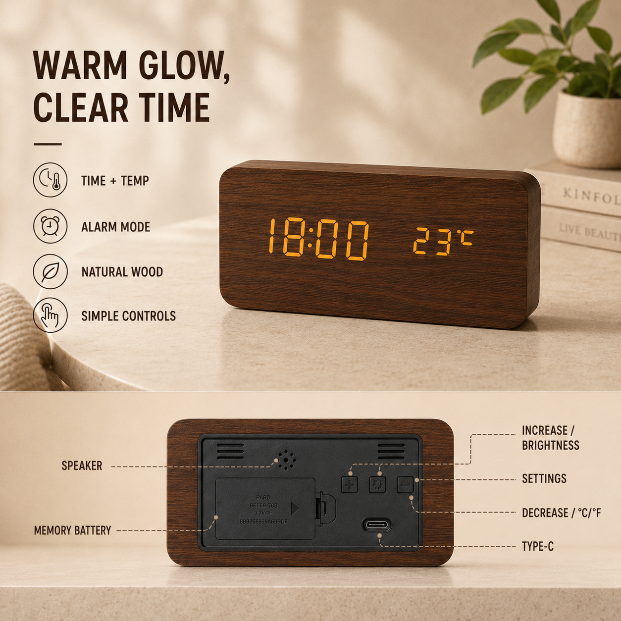 Nordspur | Timberlyte Wood Finish Digital Alarm Clock