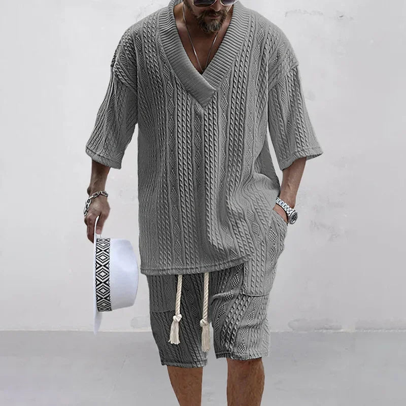 Nordspur | Twystlo Textured V-Neck Short Sleeve Two-Piece Set
