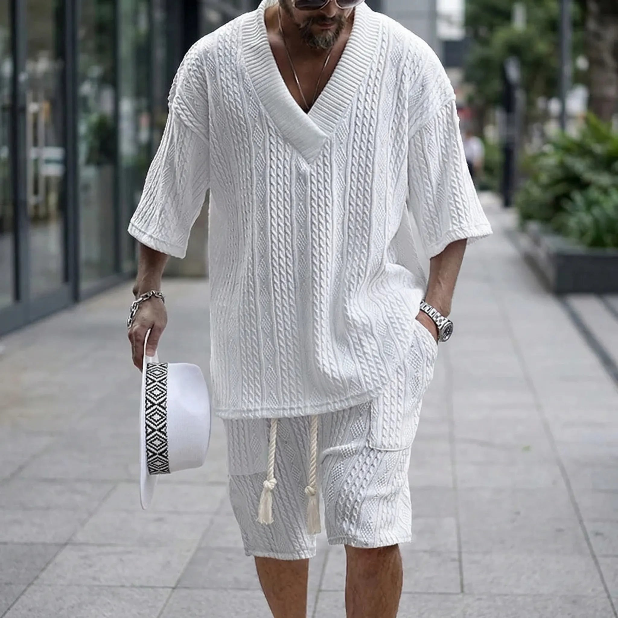 Nordspur | Twystlo Textured V-Neck Short Sleeve Two-Piece Set