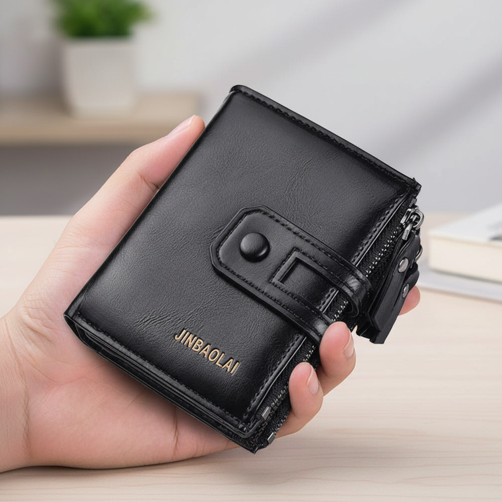 Compact Men Wallet with Double Zipper and Hasp