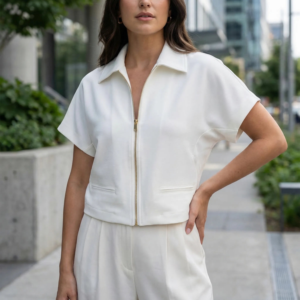 Cropped Jacket – Short Sleeve Zip-Up for Women