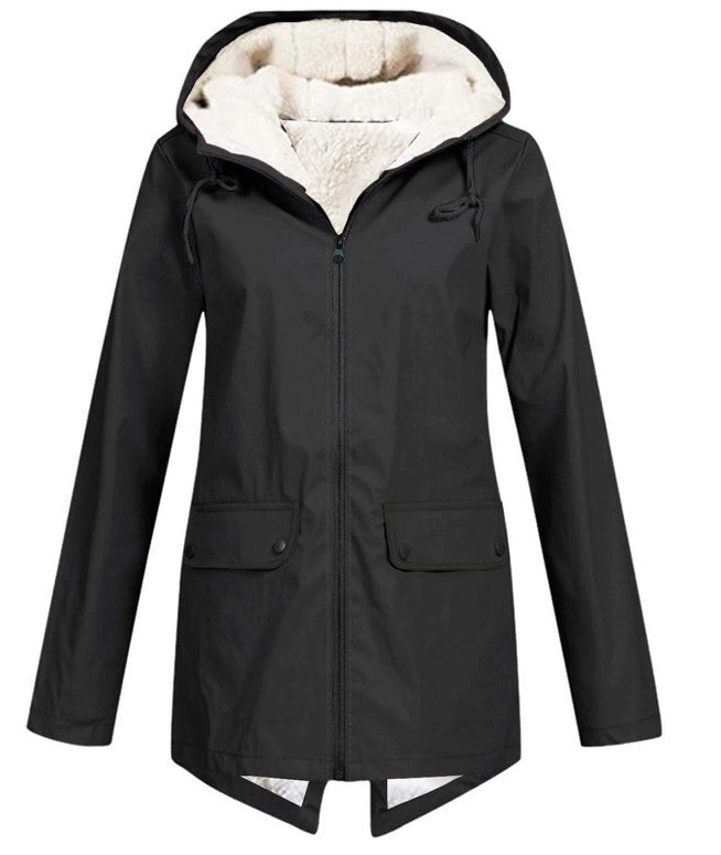 Women's Weatherproof and Lined Rain Jacket with Adjustable Hood Collar