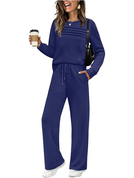 Women's Comfortable and Stylish Set – Round Neck Shirt + Drawstring Trousers