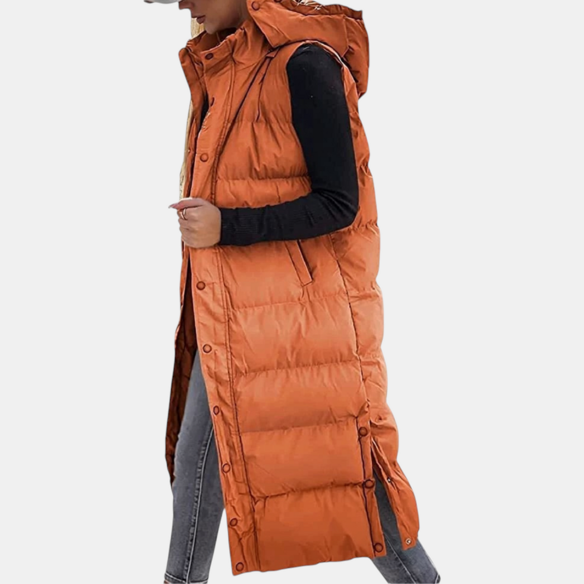 Cornelia Quilted Vest with Hood and Side Slits