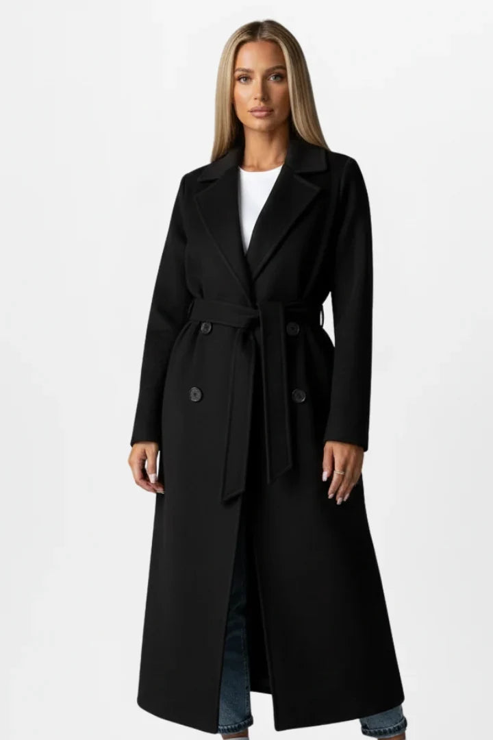 Women's Winter Coat with Belt and Double-Breasted Fastening - Elegant Long Women's Coat Ideal for Cold Days