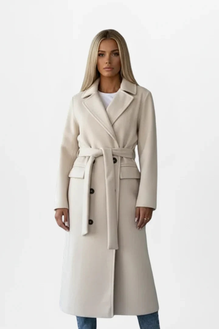 Women's Winter Coat with Belt and Double-Breasted Fastening - Elegant Long Women's Coat Ideal for Cold Days