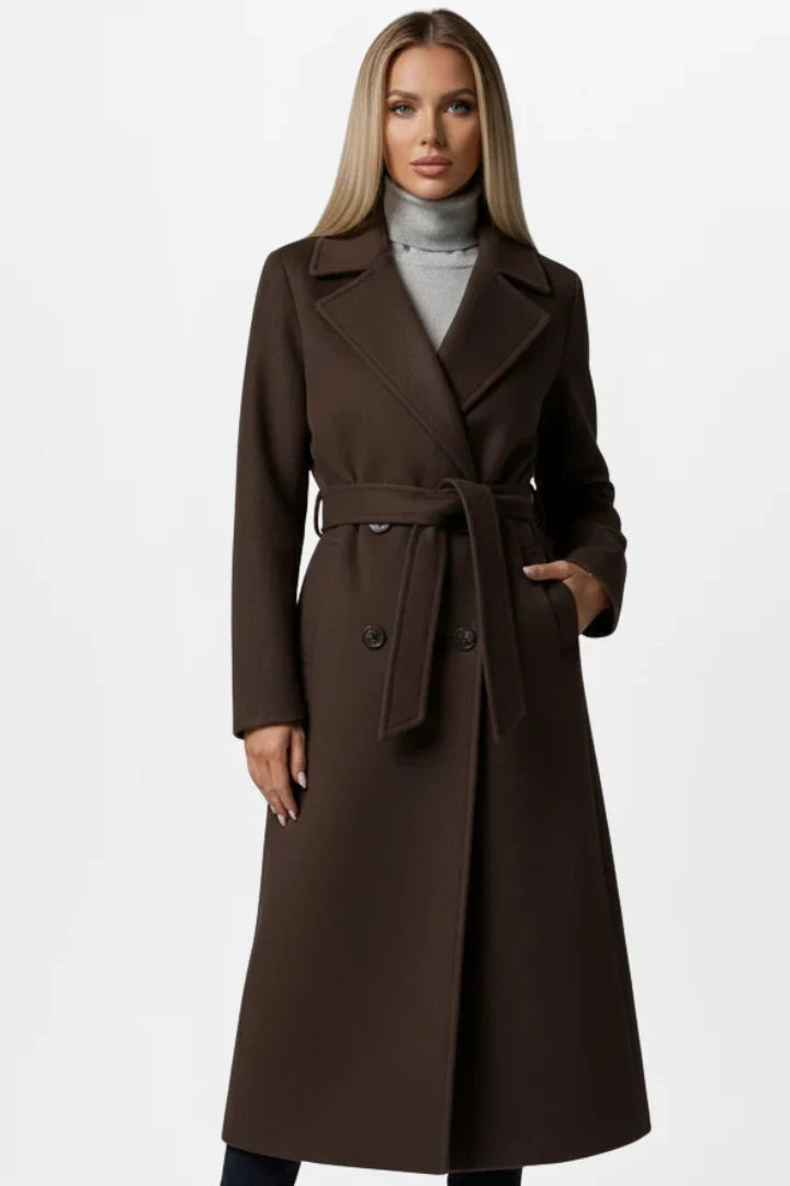 Women's Winter Coat with Belt and Double-Breasted Fastening - Elegant Long Women's Coat Ideal for Cold Days