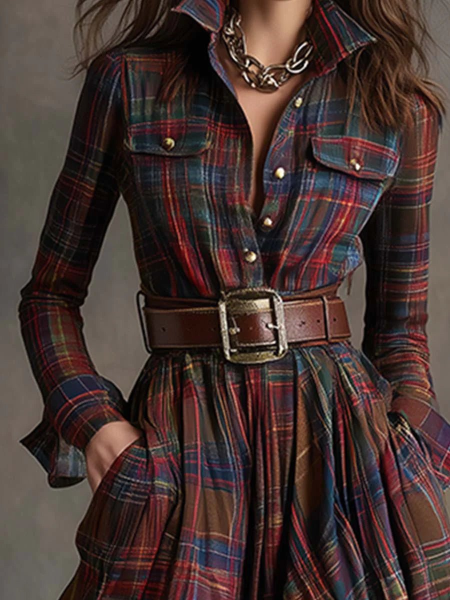 Béatrice Long Checkered Dress with Belt