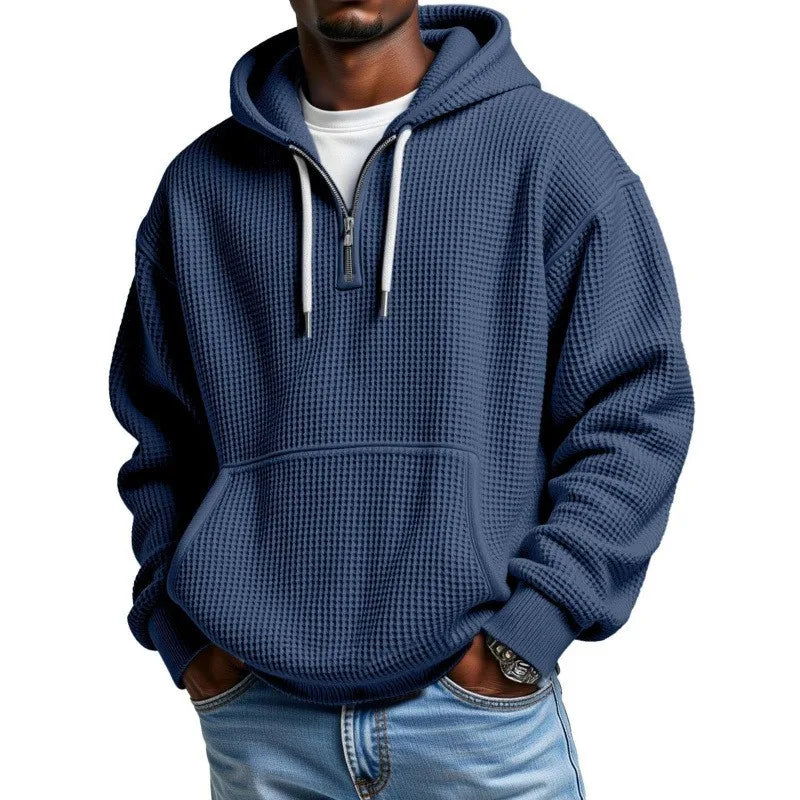 Waffle Texture Hoodie with Half Zip