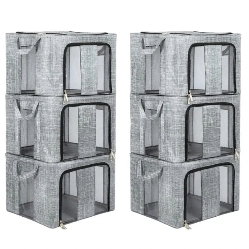 3/6 Pack 66L Large Clothes Storage Box Metal Frame Clear Window Foldable Boxes