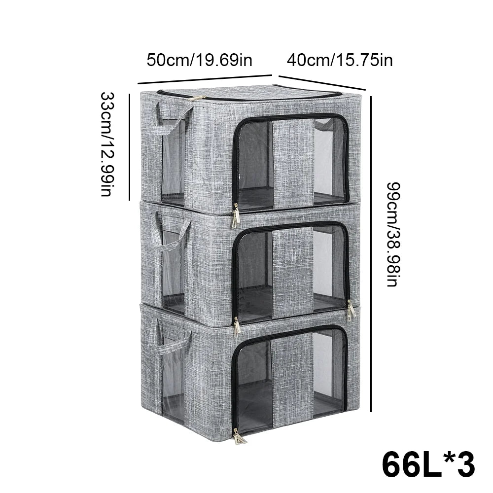 3/6 Pack 66L Large Clothes Storage Box Metal Frame Clear Window Foldable Boxes