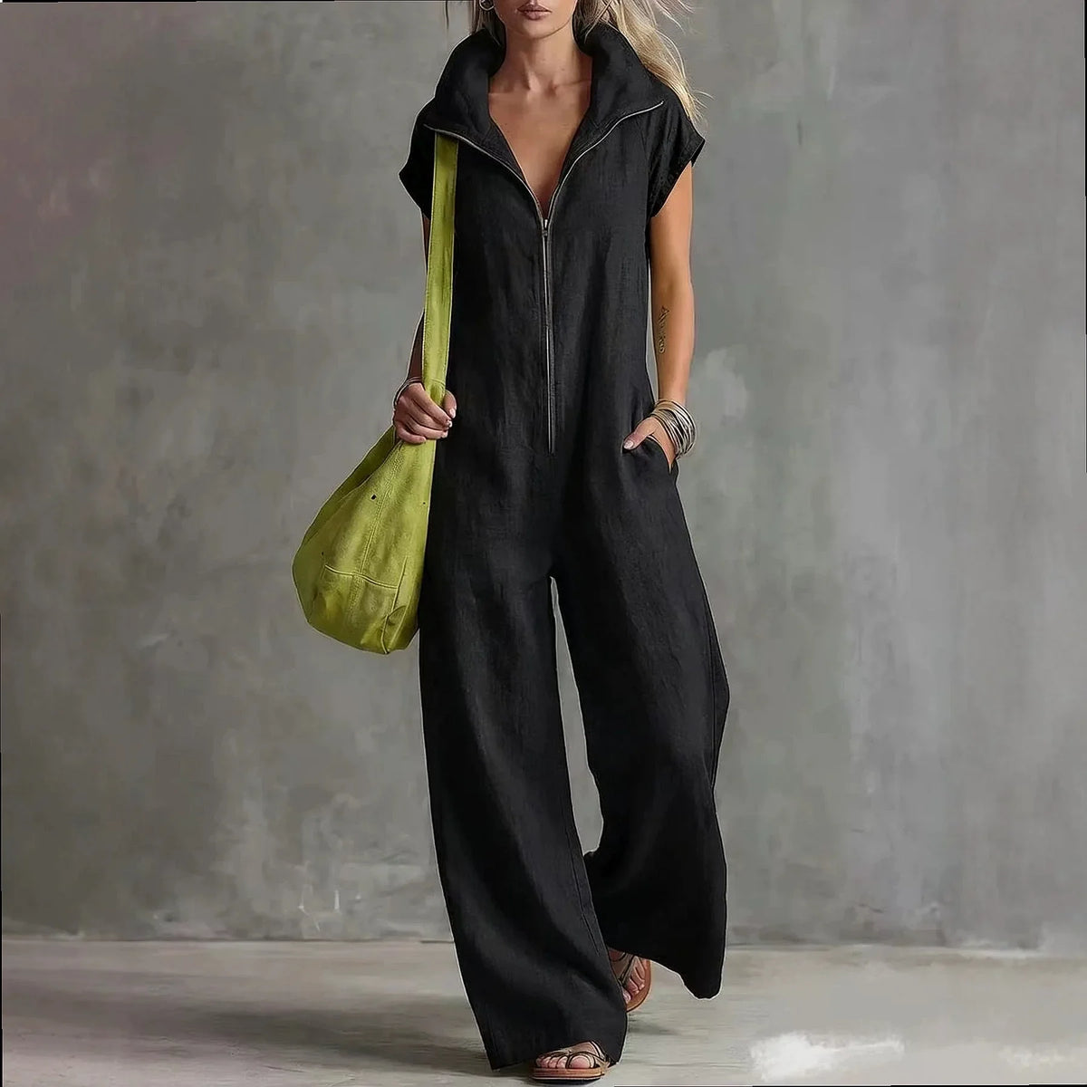 Cotton Linen Jumpsuit with Front Zipper and High Collar