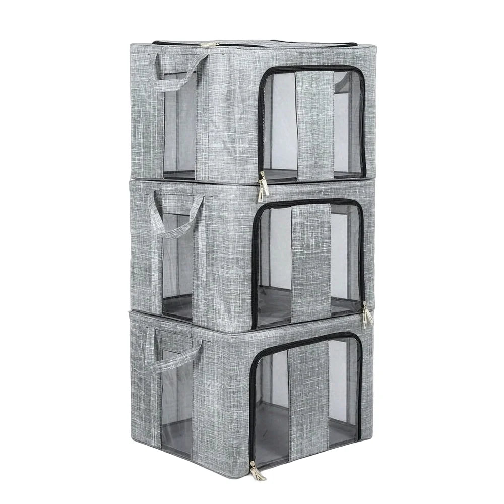 3/6 Pack 66L Large Clothes Storage Box Metal Frame Clear Window Foldable Boxes
