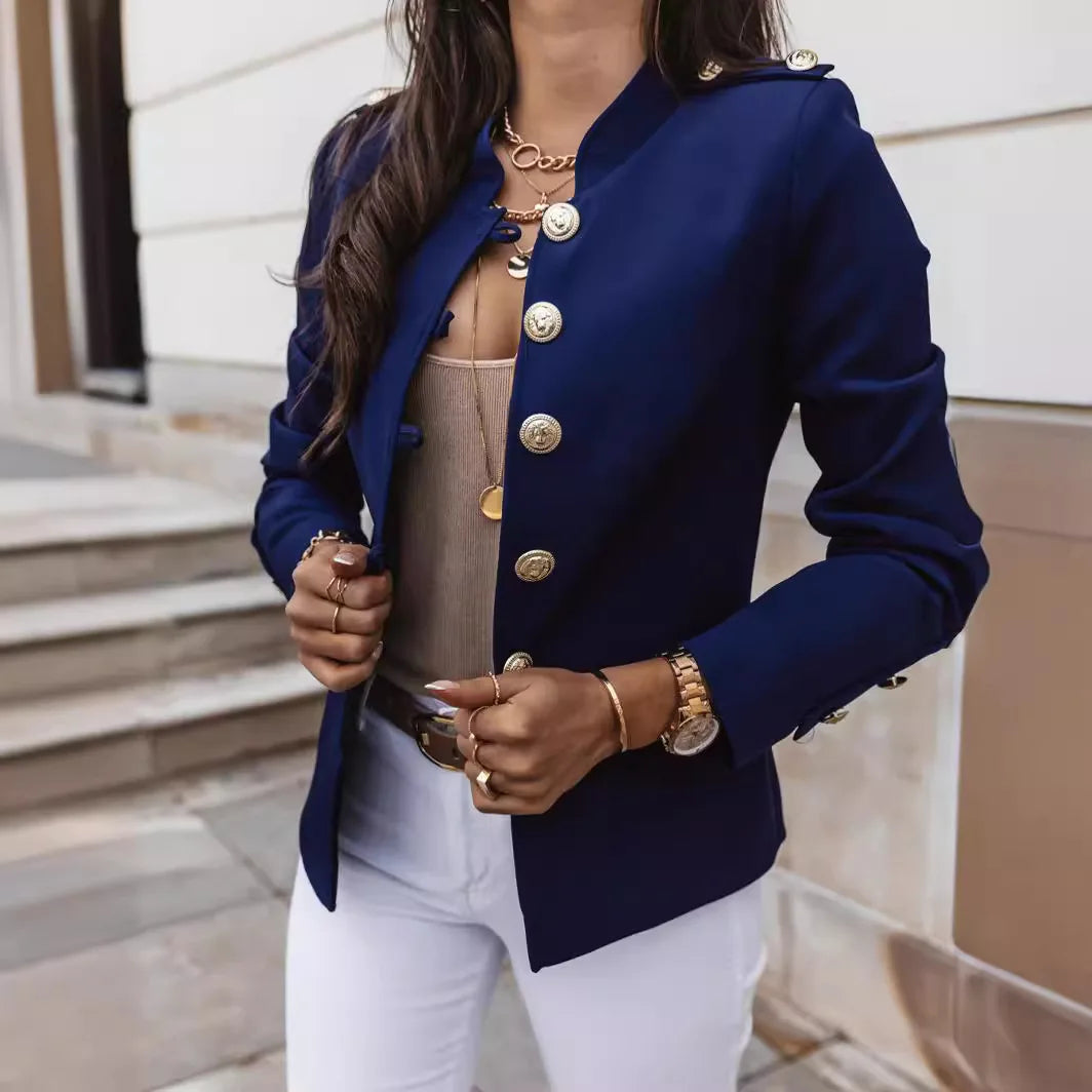 Jacket with Structured Collar, Front Button Closure and Shoulder Details