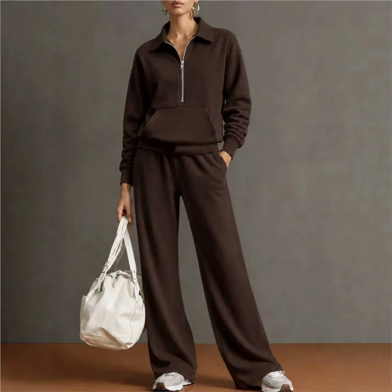 Set with Half-Zip Top, Kangaroo Pocket and Wide-Leg Pants