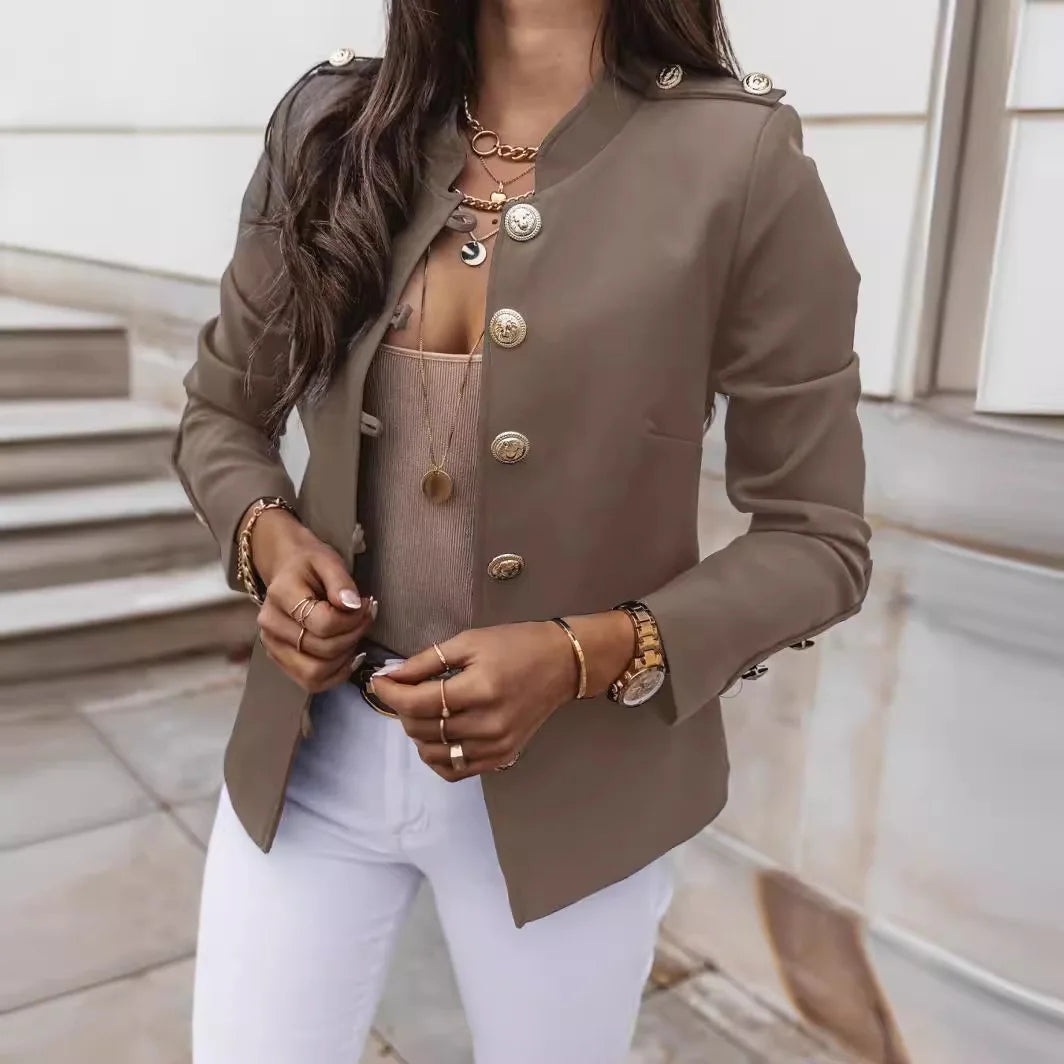 Jacket with Structured Collar, Front Button Closure and Shoulder Details