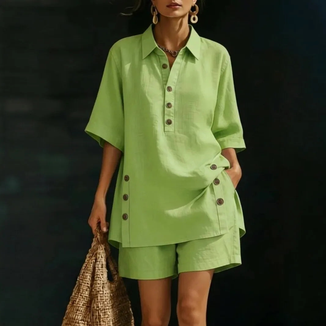Velena Cotton Linen Set with Shirt Collar and Side Button Detail