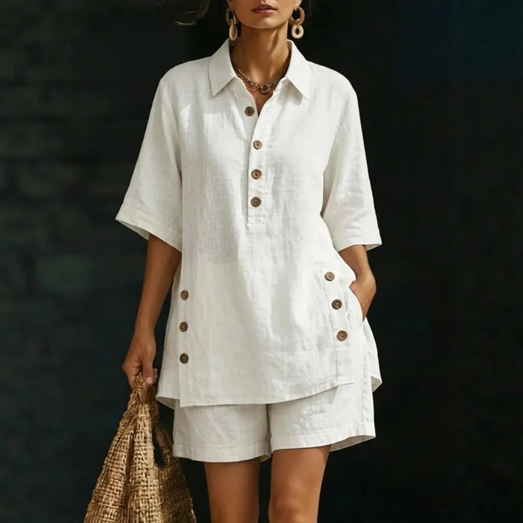 Velena Cotton Linen Set with Shirt Collar and Side Button Detail