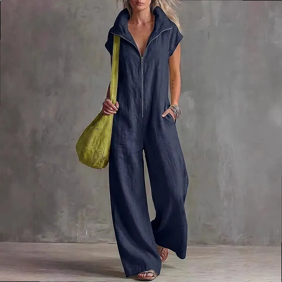 Cotton Linen Jumpsuit with Front Zipper and High Collar