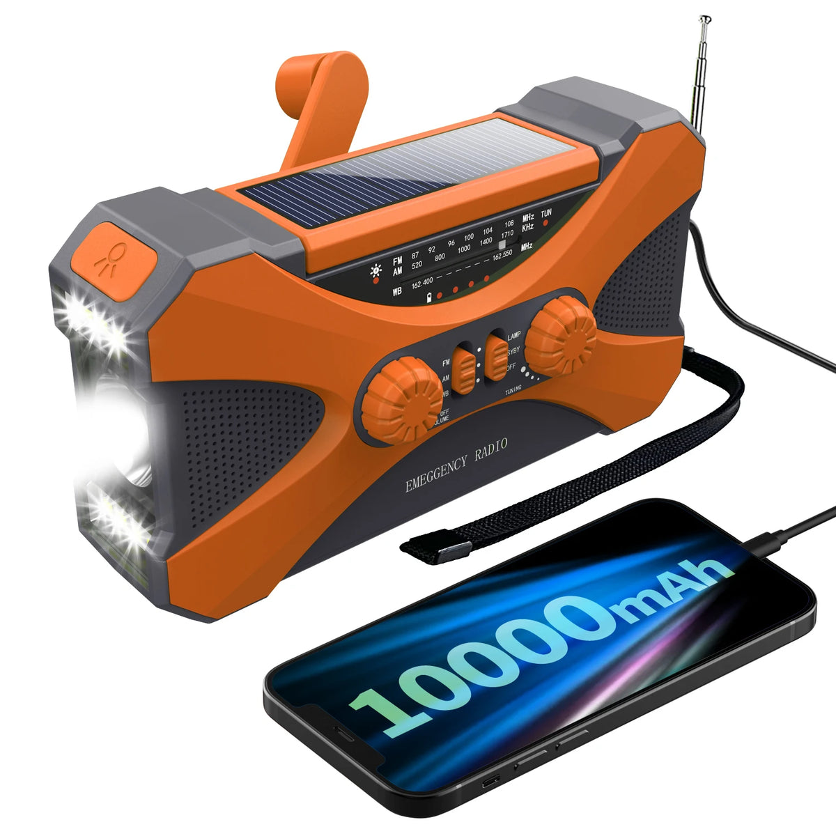 Solar Emergency Radio - Hand Crank & Solar Powered - 10,000mAh Phone Charger & Flashlight