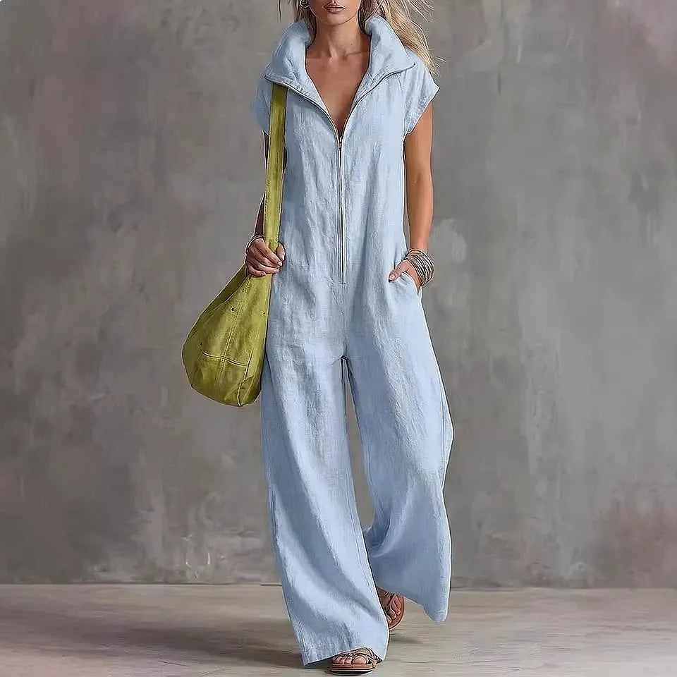Cotton Linen Jumpsuit with Front Zipper and High Collar