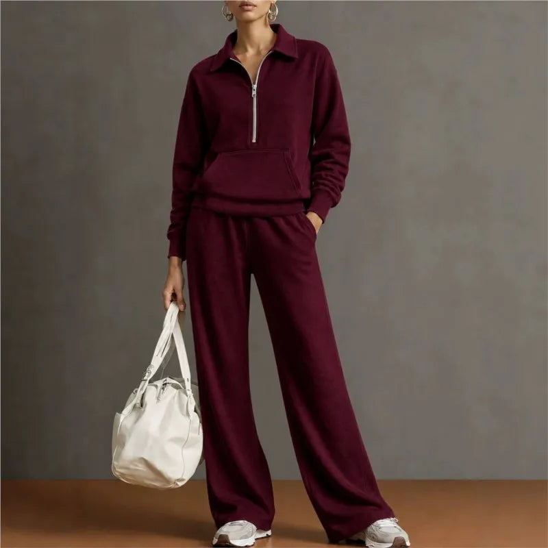 Set with Half-Zip Top, Kangaroo Pocket and Wide-Leg Pants