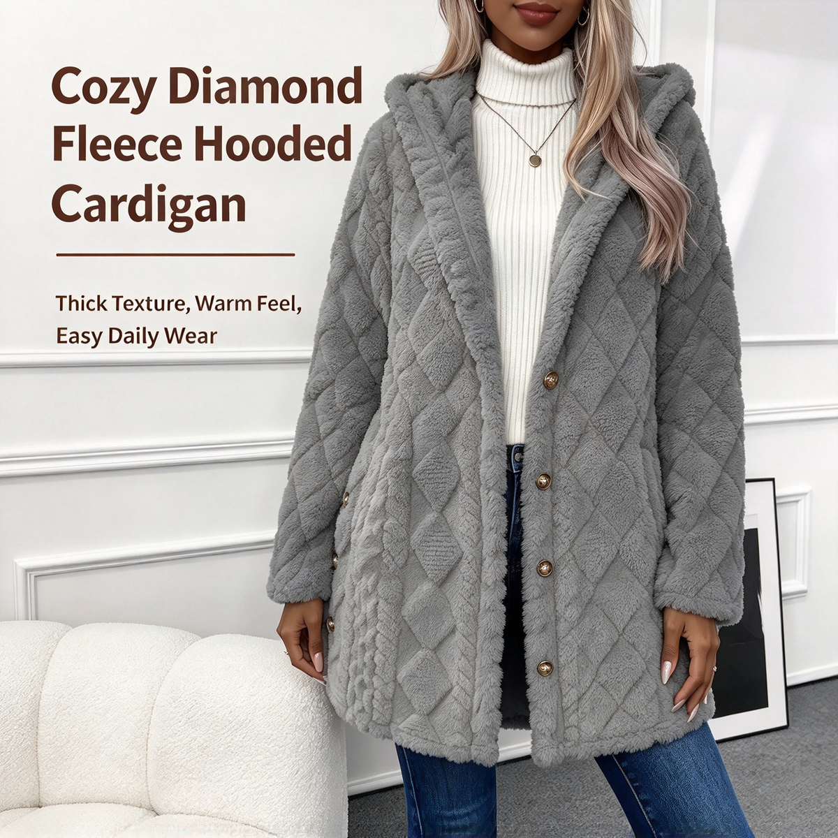 Women's Hooded Double-Sided Fleece Cardigan Long Sleeve Casual Warm Outerwear