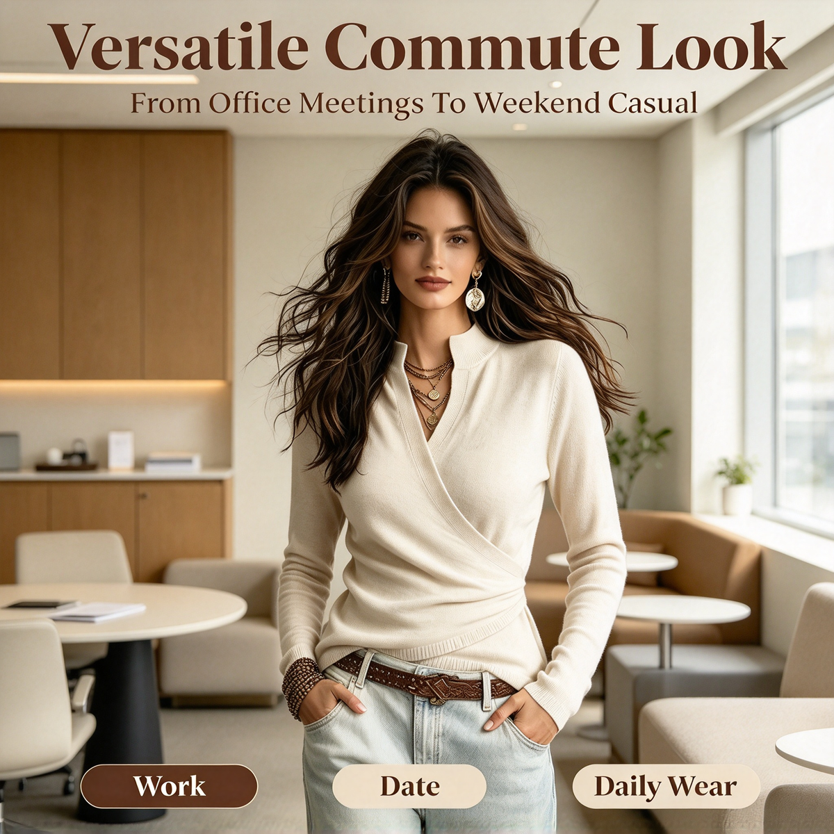 Early Autumn Fake Neck Cross Wrap Sweater for Women