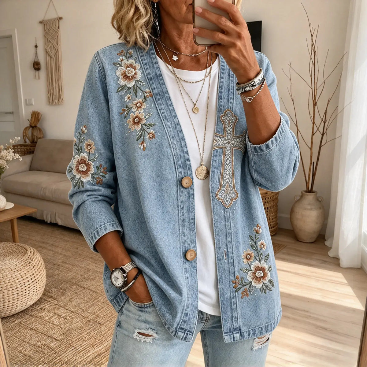 Collarless Soft Denim-Look Button-Down Cardigan
