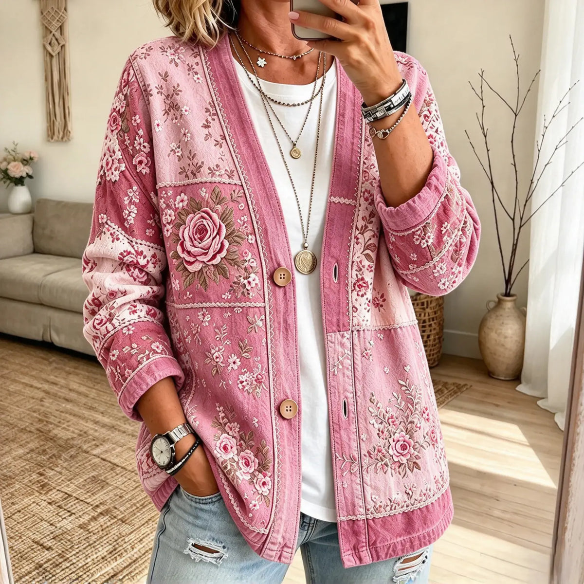 Collarless Soft Denim-Look Button-Down Cardigan