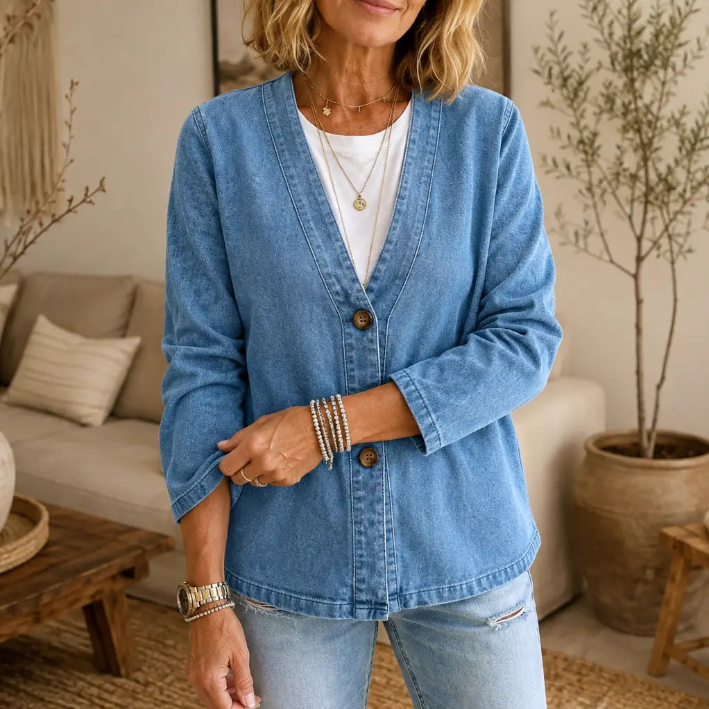 Collarless Soft Denim-Look Button-Down Cardigan