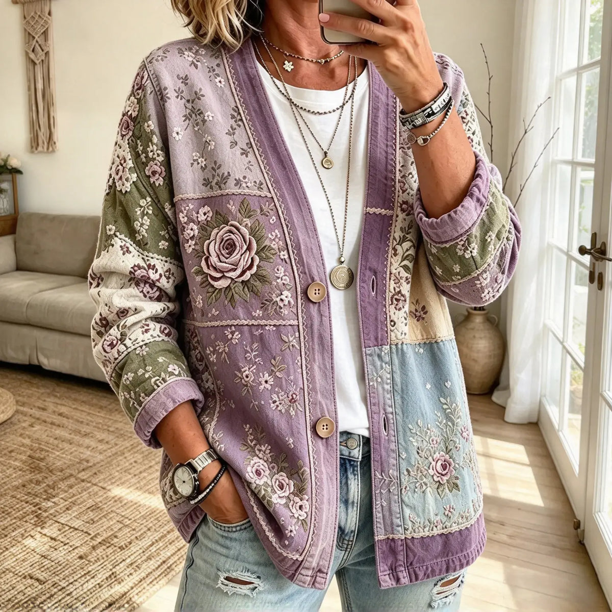 Collarless Soft Denim-Look Button-Down Cardigan