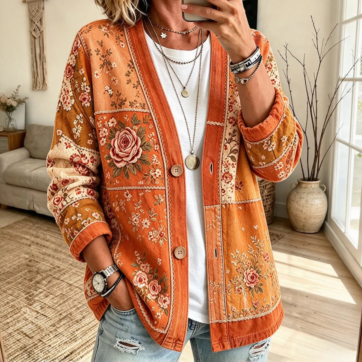 Collarless Soft Denim-Look Button-Down Cardigan