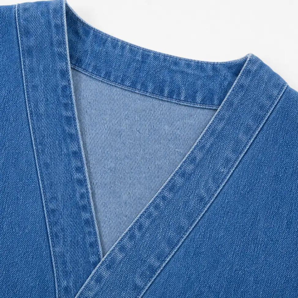 Collarless Soft Denim-Look Button-Down Cardigan