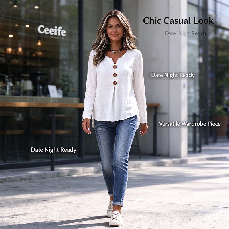 Vintage Large Button Long Sleeve Top, Women's Fashion Basic Blouse