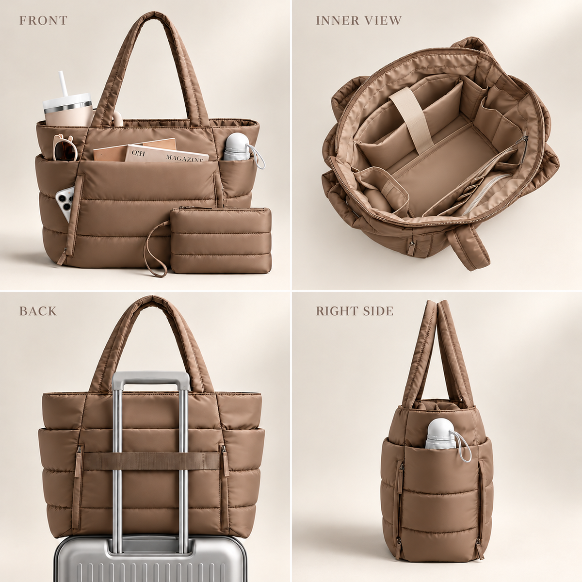 Veskira | Puffer Tote Bag with Side Pockets for Travel Days
