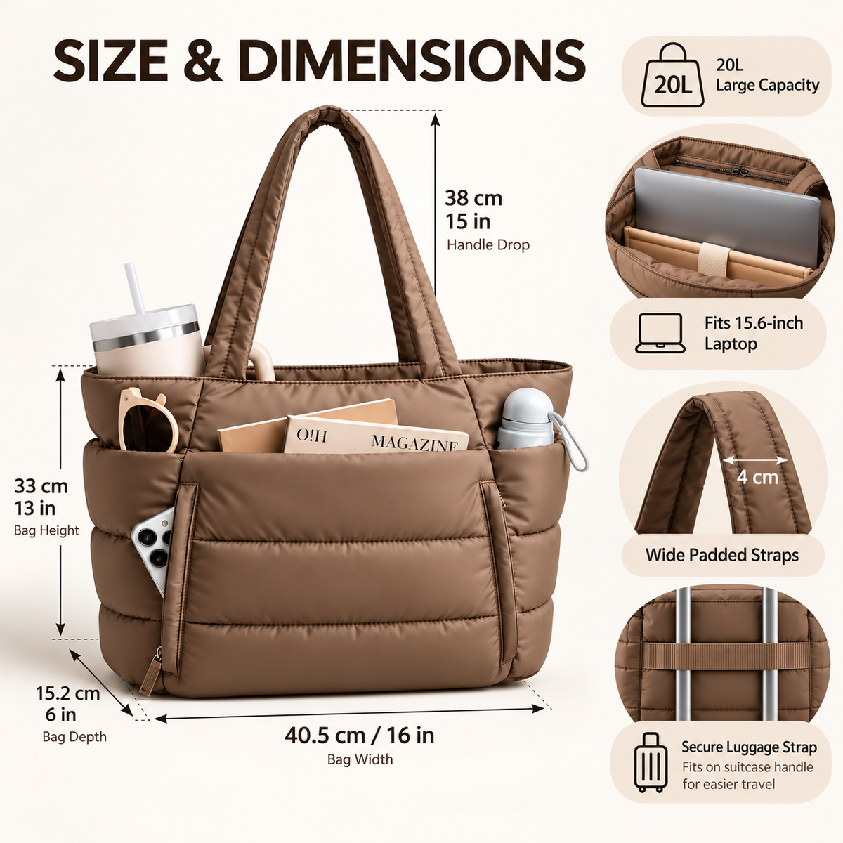 Veskira | Puffer Tote Bag with Side Pockets for Travel Days