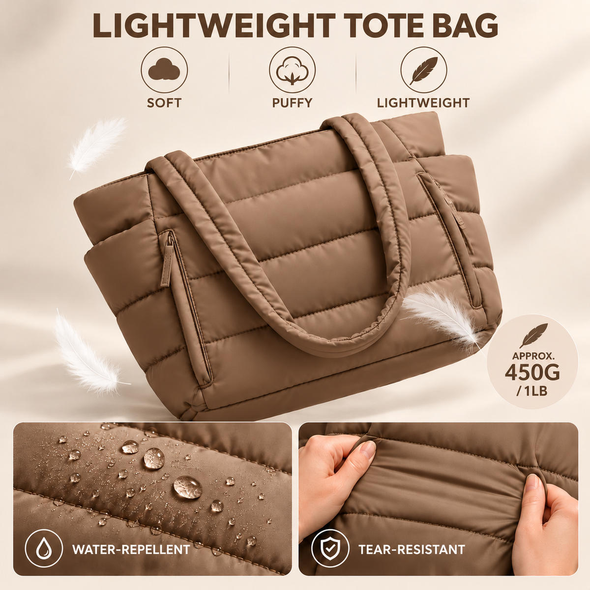 Veskira | Puffer Tote Bag with Side Pockets for Travel Days