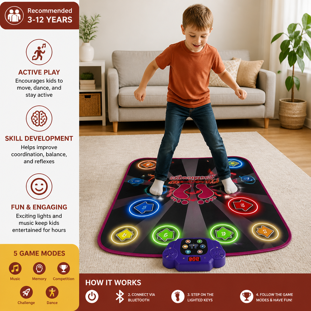 Kids' Light-Up Bluetooth Dance Mat with 5 Game Modes